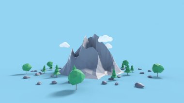 Popup ağaçları ve kayaları ile düşük poli arazi sahne.