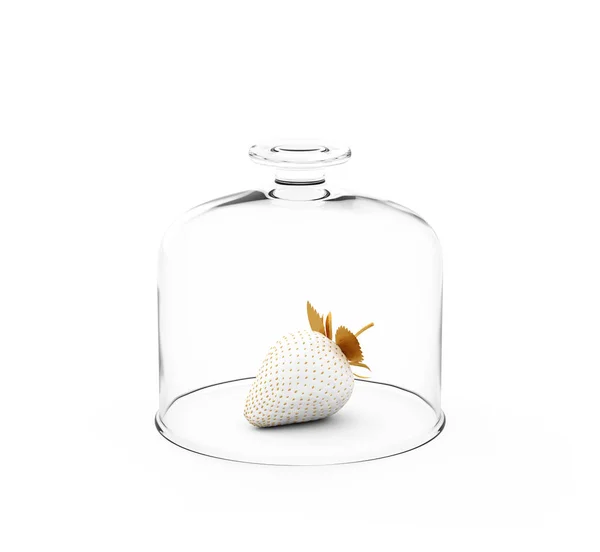 Morango branco com folhas de ouro sob tampa de placa de vidro — Fotografia de Stock