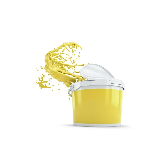 Κίτρινο χρώμα πιτσίλισμα από πλαστικό μπορώ. Πάνω από λευκό — Φωτογραφία Αρχείου