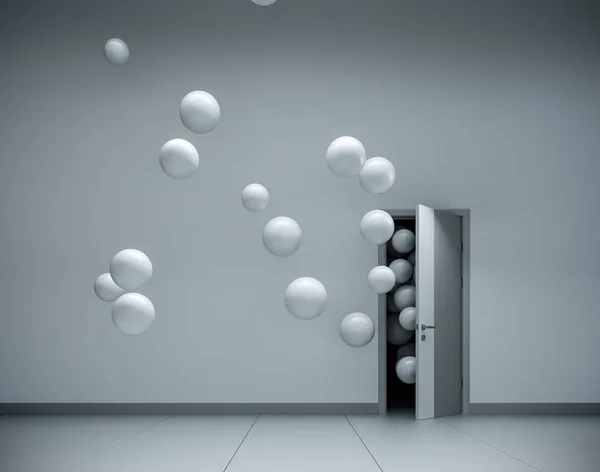 White balloons fly away through open door — Stock Photo, Image