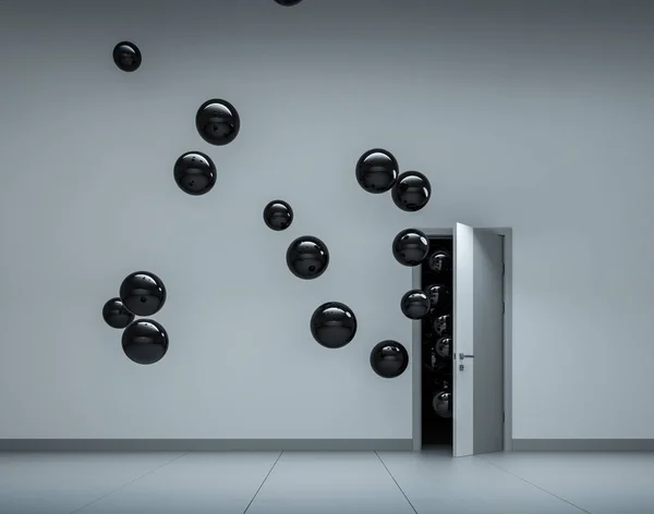 Black balloons fly away through open door — Stock Photo, Image