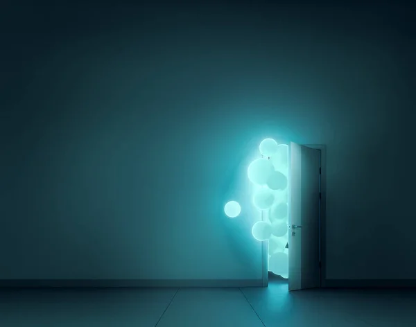 Luminescent balloons fly away through open door