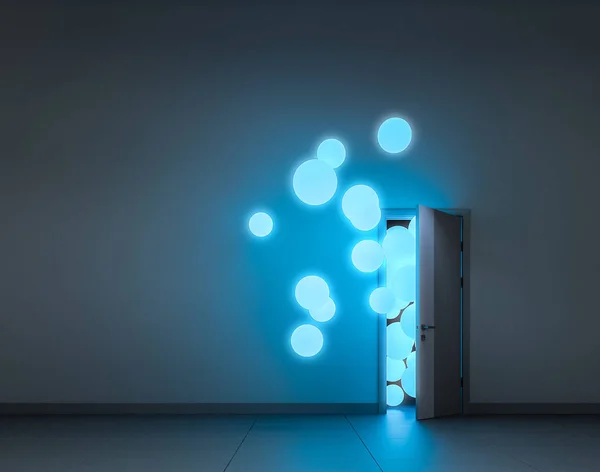 Balões luminescentes voam através da porta aberta — Fotografia de Stock