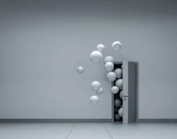 White balloons fly away through open door — Stock Photo, Image