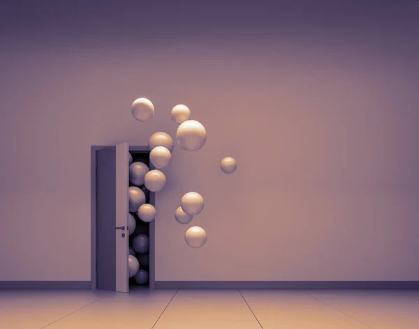 White balloons fly away through open door — Stock Photo, Image