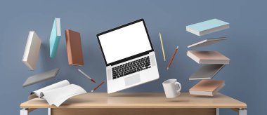 Dizüstü bilgisayar maket, sıfır yerçekimi ile Işyeri karışıklık kavramı