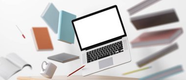 Dizüstü bilgisayar maket, sıfır yerçekimi ile Işyeri karışıklık kavramı