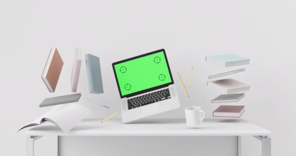 Local de trabalho zero conceito de gravidade com laptop mockup — Vídeo de Stock