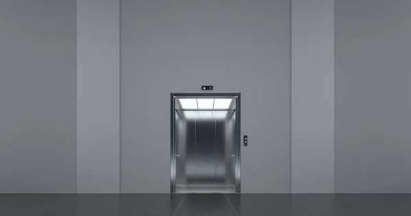 Elevator with open doors, at public space interior.