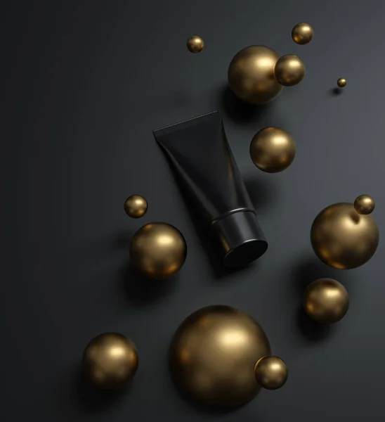Czarna makieta produktu kosmetycznego - tuba kremowa leży na czarnej powierzchni wśród złotych kul — Zdjęcie stockowe