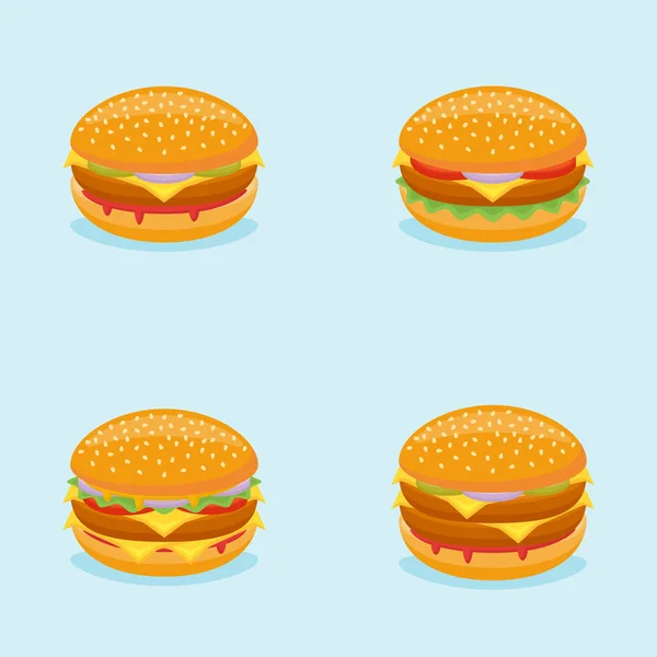 在蓝色背景下隔离的汉堡集。矢量插图. — 图库矢量图片