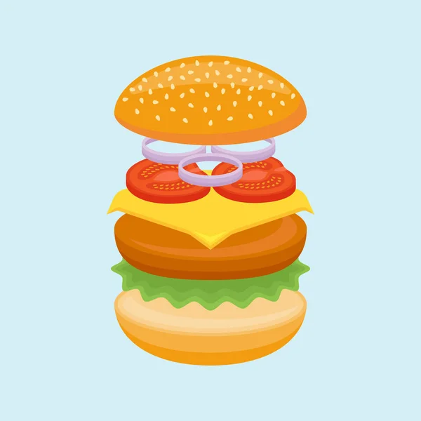 Ingrédients hamburger isolés sur fond bleu. Illustration vectorielle . — Image vectorielle