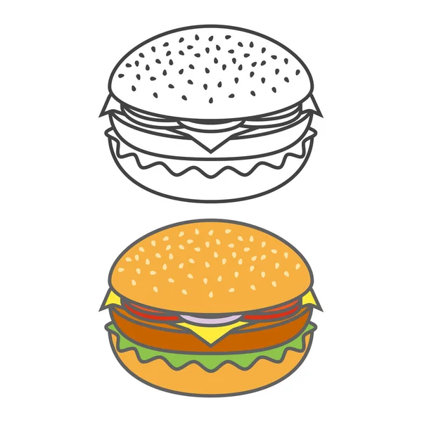 Warna dan garis besar ikon burger. Ilustrasi vektor . - Stok Vektor