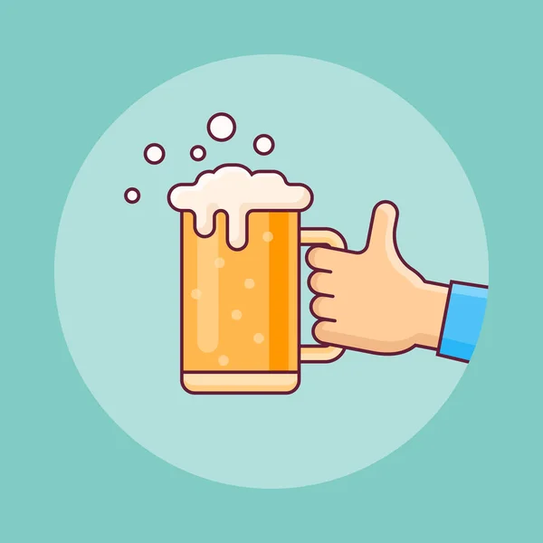 Taza de cerveza en la mano icono de línea plana. Ilustración vectorial . — Vector de stock