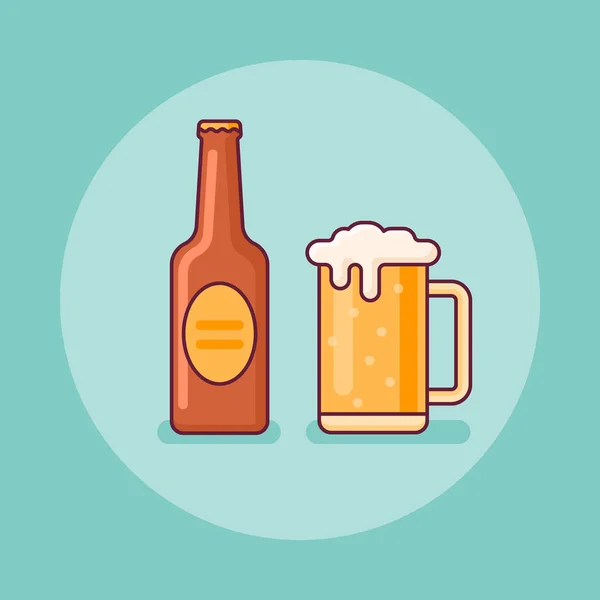 Botella de cerveza e icono de línea plana taza. Ilustración vectorial . — Vector de stock