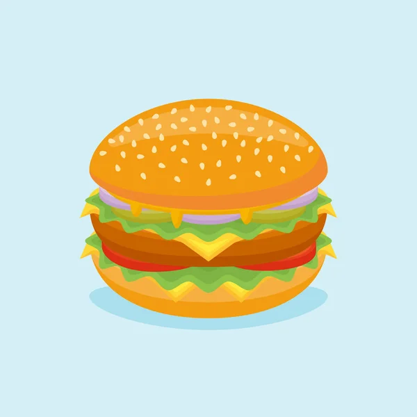 Hambúrguer grande com carne, queijo, alface, tomate, pepino e cebola . — Vetor de Stock