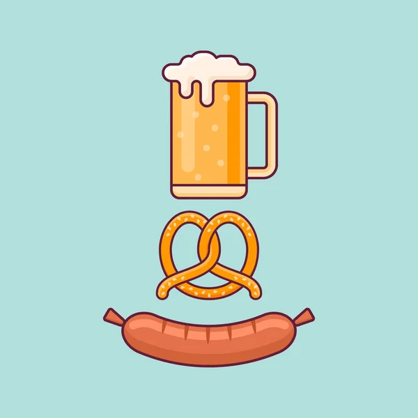 Taza de cerveza, pretzel y salchicha. Oktoberfest concepto de estilo plano . — Vector de stock