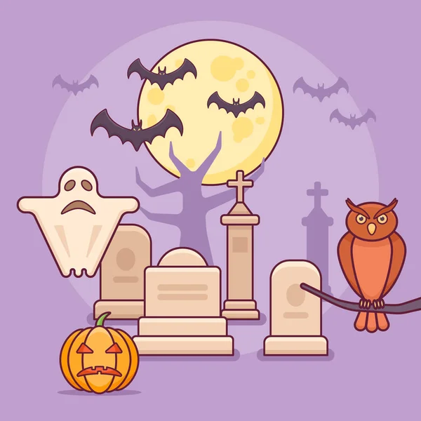 Halloween-Karte mit Gräbern, Geist, Kürbis, Eule und Fledermäusen. — Stockvektor
