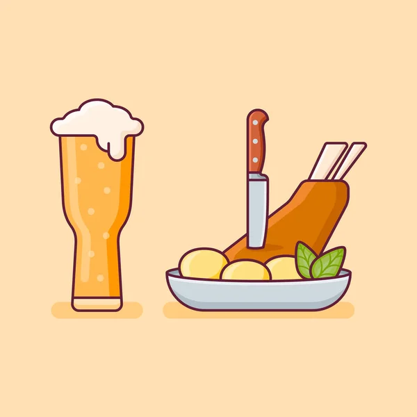 Fläskkött fläsklägg med potatis och glas öl. Royaltyfria illustrationer
