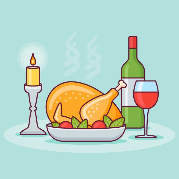 Díkůvzdání večeře pečená krůta, láhve a sklenky vína. — Stockový vektor