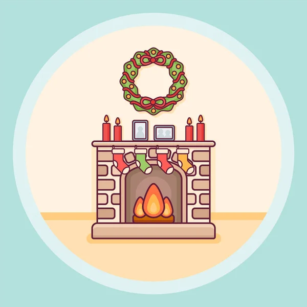 Chimenea de Navidad con velas, calcetines y corona icono de línea plana. Ilustración vectorial . — Archivo Imágenes Vectoriales