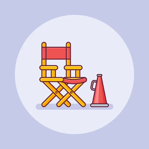 Silla de director de cine con icono de línea plana megáfono. Ilustración vectorial . — Vector de stock