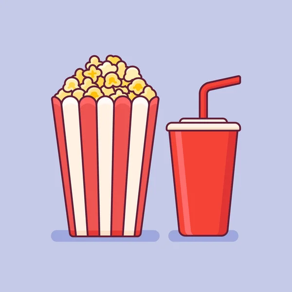 Popcorn bucket with cup of soda flat line icon. Vector illustration. — Stock Vector