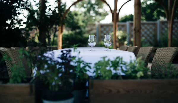 Garden terrace with table and chairs. Table is decorated with pair of glasses and white tablecloth. In the background are seen wooden columns of covering structures, in foreground the potted plants.
