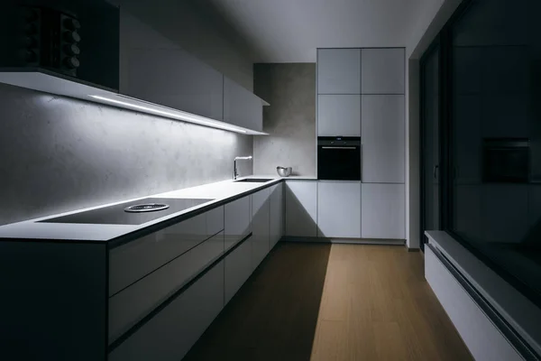 Cucina Moderna Dal Design Minimalista Durante Notte Con Strisce Luminose — Foto Stock