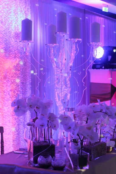 Decoração Flor Mesa Casamento Buquê Orquídeas Restaurante Evento Glamoroso Celebração — Fotografia de Stock