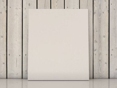 İç poster ahşap duvar arka plan karede dikey boş tuval ile sahte. 3D render.