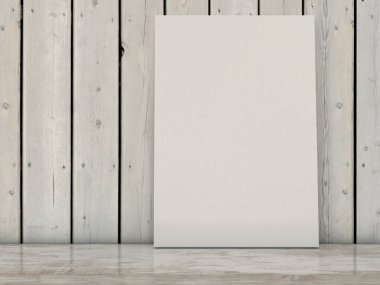 İç poster ile dikey boş tuval resim çerçevesi ahşap duvar arka plan üzerinde sahte. 3D render.