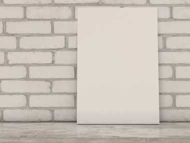 İç poster ile dikey boş tuval resim çerçevesi ahşap duvar arka plan üzerinde sahte. 3D render.
