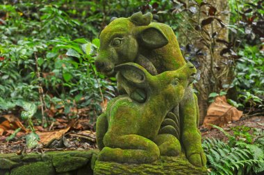 Antik taş heykel, Yosun kaplı Ubud Monkey Forest Heykeli, Bali, Endonezya