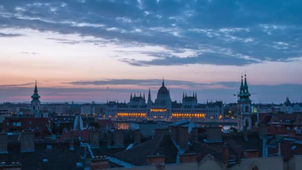 Noite Dia Timelapse Parlamento Húngaro Edifício Com Horizonte Cidade Budapeste — Vídeo de Stock