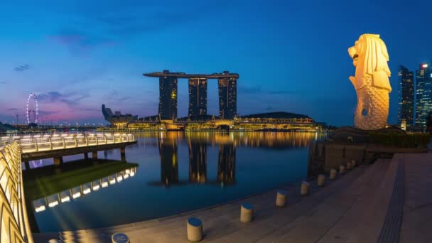 Nacht Naar Dag Time Lapse Van Singapore Merlion Park Met — Stockvideo