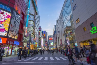 Tokyo, Japonya - 16 Nisan 2018: Gece Akihabara ilçe alanı landmark Tokyo, Japonya'da alışveriş.