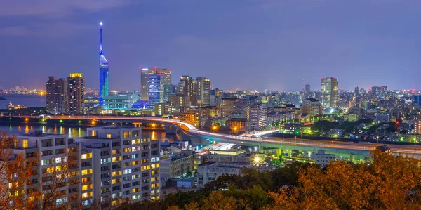 Vista Panorámica Del Horizonte Urbano Hakata Por Noche Fukuoka Japón — Foto de Stock