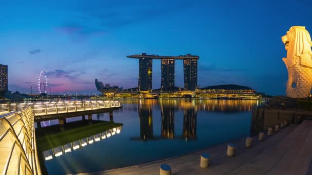 Miasto Singapur Singapur Kwietnia 2018 Singapur Panoramę Miasta Nocy Merlion — Wideo stockowe