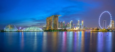 Singapore skyline with landmark buildings at night.