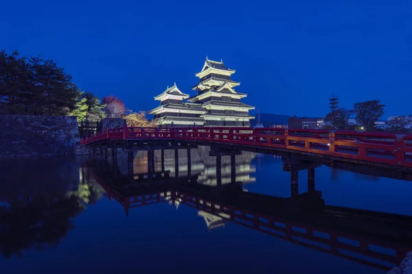 Château Matsumoto Avec Réflexion Nuit Nagano Japon — Photo