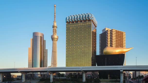 Tokyo Skyline Med Landmärke Byggnader Sumida River Dag Till Natt — Stockvideo