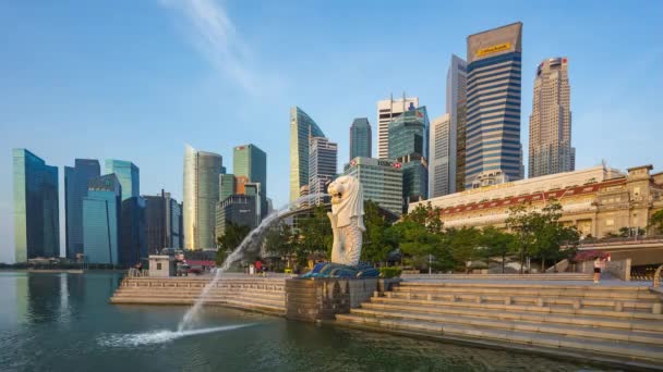 Singapore City Singapore April 2018 Tidsfördröjning Merlion Med Landmärke Byggnader — Stockvideo