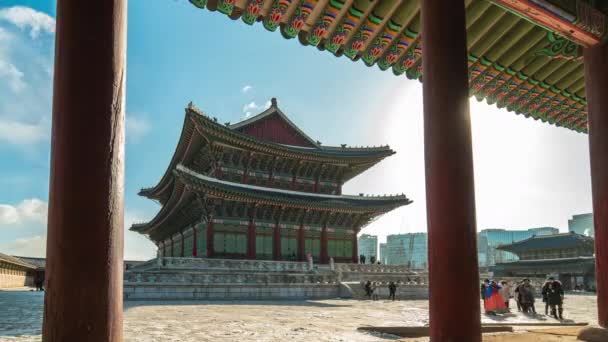 Gyeongbokgung Paleis Met Seoul Skyline Seoul City Zuid Korea Timelapse — Stockvideo