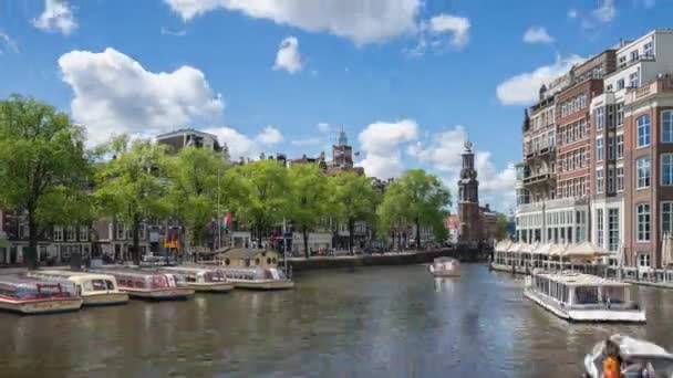 Amsterdam City Skyline Con Canal Barco Ciudad Amsterdam Países Bajos — Vídeos de Stock