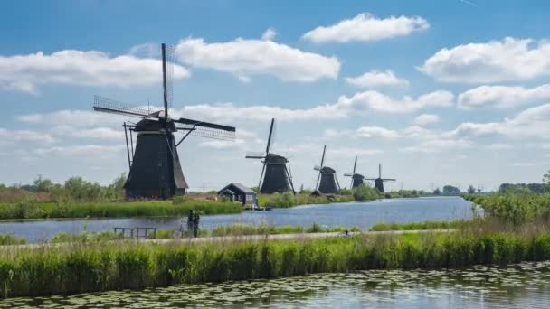 Timelapse Video Van Windmolens Met Skyline Van Het Dorp Kinderdijk — Stockvideo