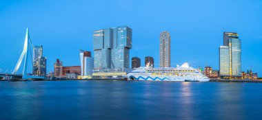 Hollanda Rotterdam 'daki Erasmus Köprüsü ve Rotterdam siluetinin panorama görüntüsü