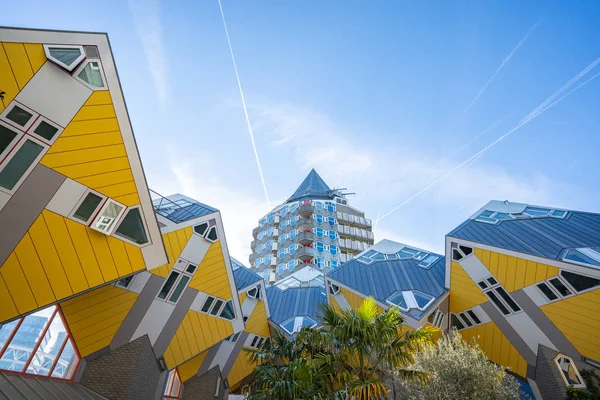 Cube House med Rotterdam Skyline i Rotterdam, Nederland – stockfoto