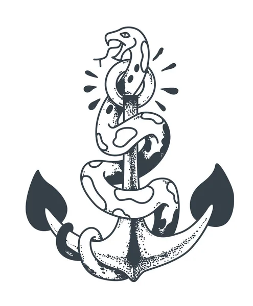 Schlange sitzt auf einer Anker-Illustration im Stil einer traditionellen Tätowierung — Stockvektor
