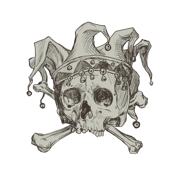 Hand-tekening van de schedel van een joker in een komische cap. — Stockvector